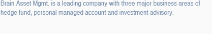 Brain Asset Mgmt. is a leading company with three major business areas of 
hedge fund, personal managed account and investment advisory in Korea